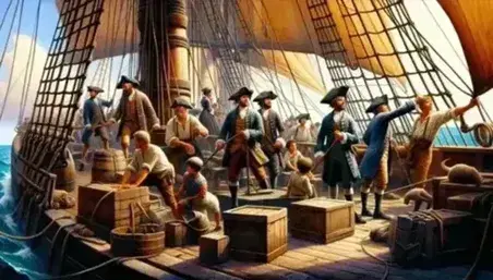 Equipaggio al lavoro sul ponte della nave a vela 'Hispaniola', con marinai che issano le vele e capitano che dirige.