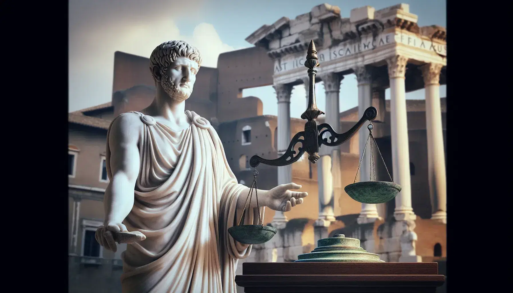Statua in marmo di pretore romano con toga pretesta davanti al Foro Romano, bilancia della giustizia e rotolo di papiro.