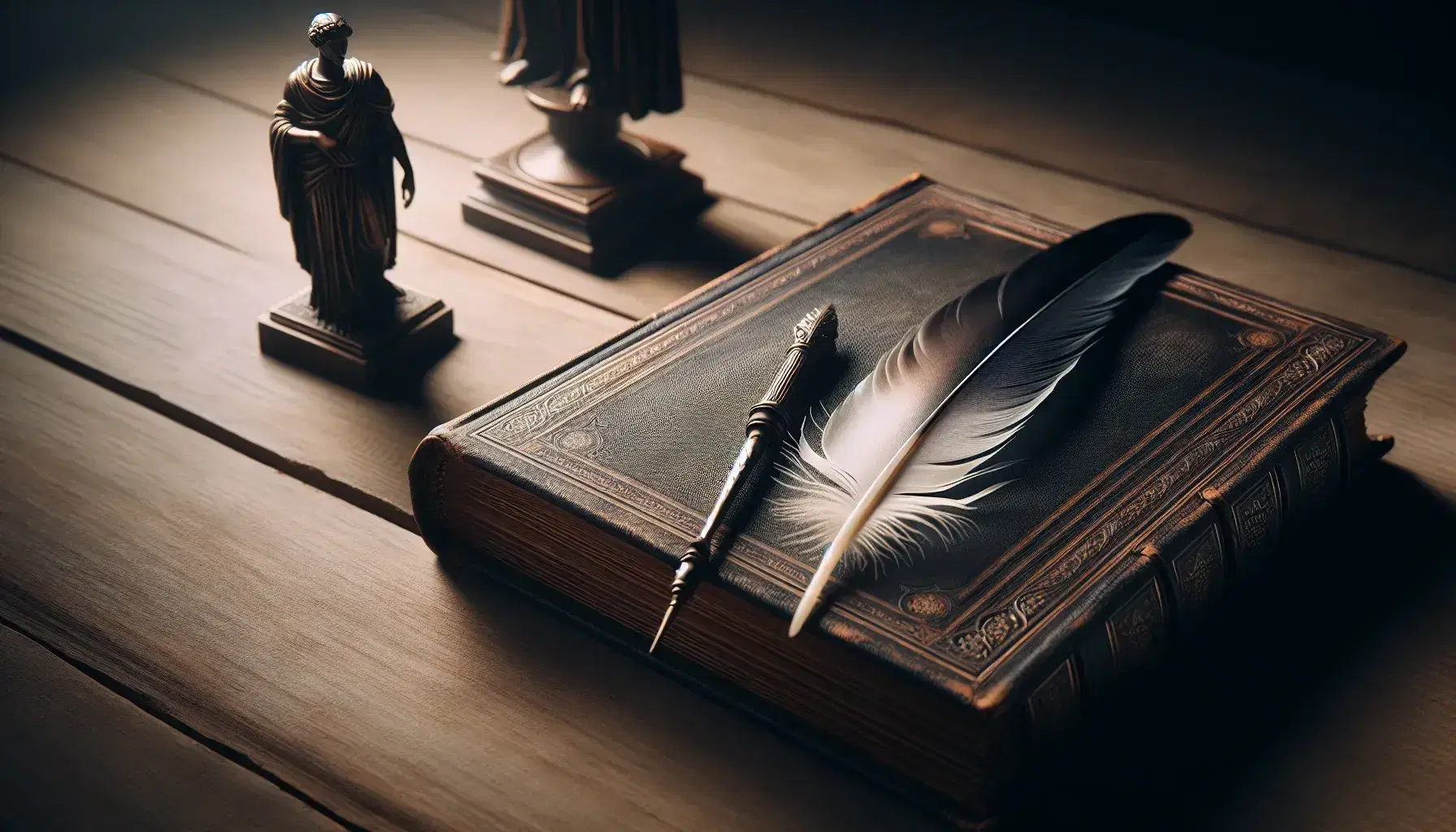 Libro antiguo de tapa de cuero marrón con pluma de ave sobre página crema, en superficie de madera y estatua de bronce al fondo.