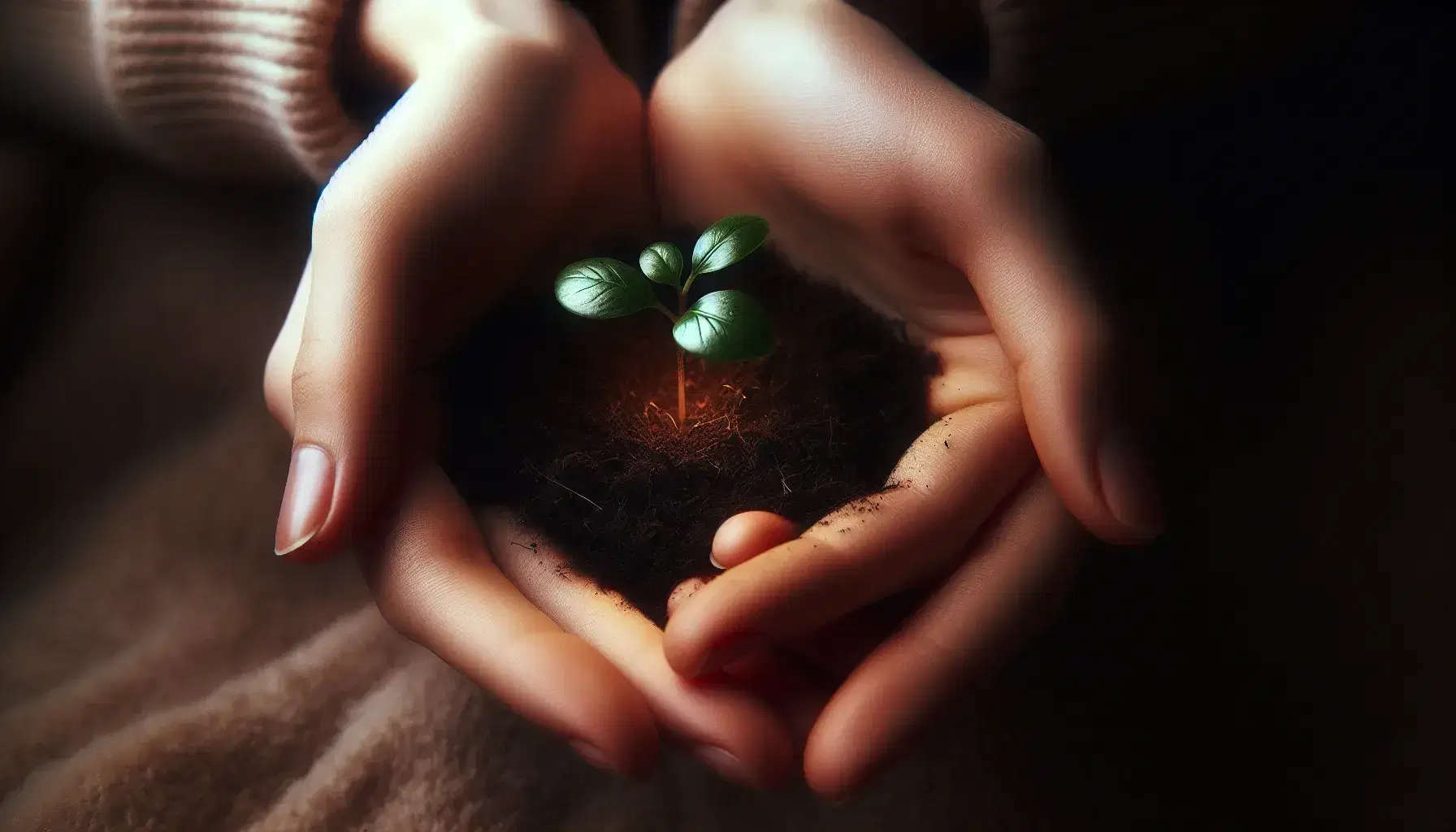 Manos sosteniendo delicadamente una planta joven con dos hojas verdes y tierra húmeda, resaltando el cuidado y crecimiento natural.