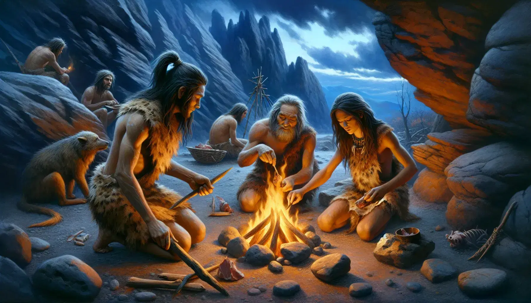 Escena paleolítica con tres humanos alrededor de una fogata, uno cocinando carne y otro tallando herramientas de piedra, bajo un cielo crepuscular.