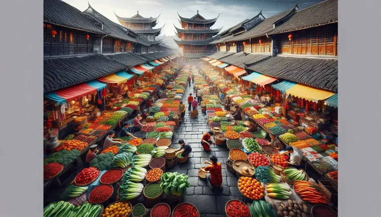 Mercato tradizionale cinese con bancarelle colorate di frutta, verdura e spezie, persone che interagiscono e storici edifici sullo sfondo.