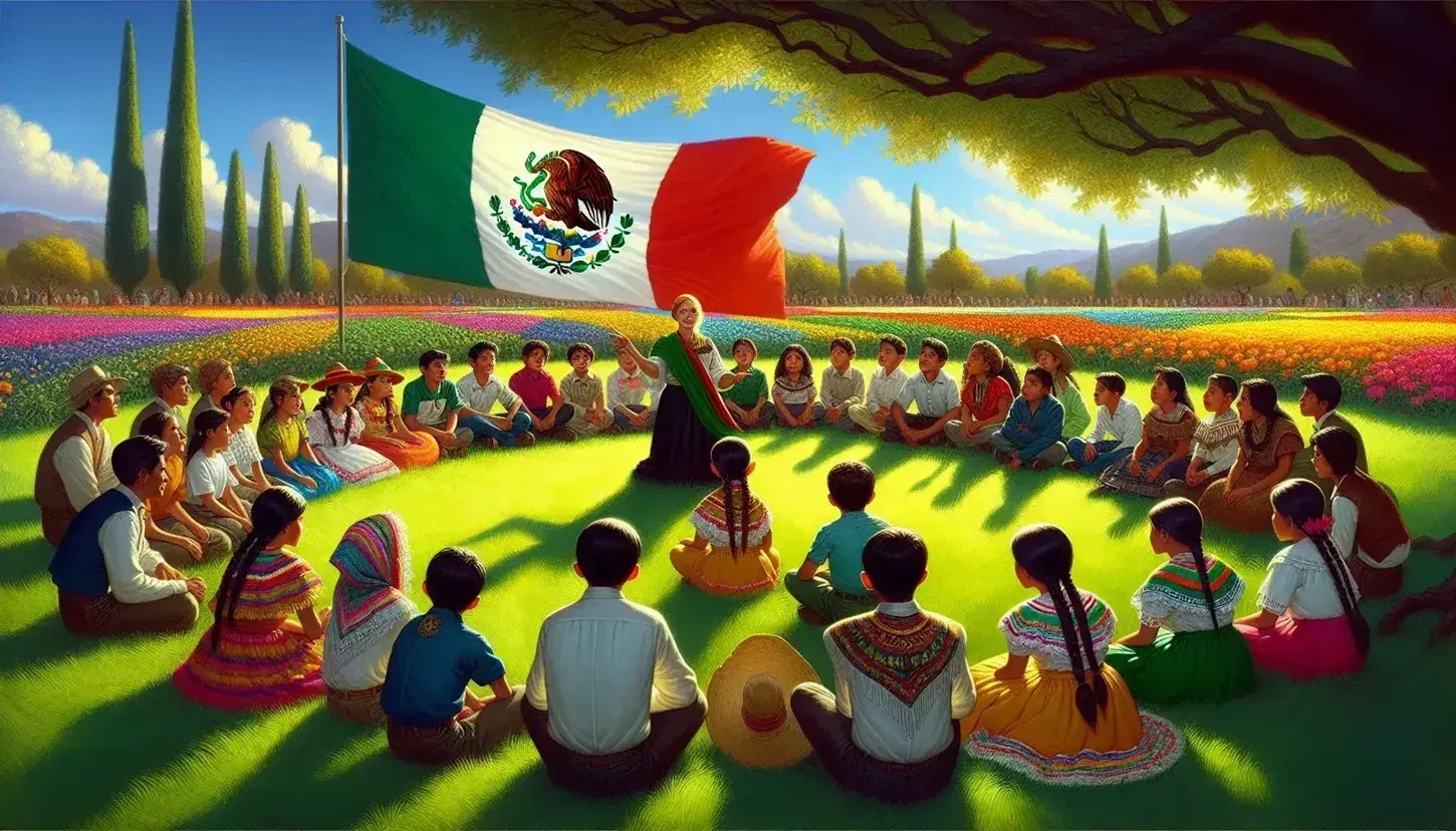 Grupo de niños y niñas de diversas etnias en atuendos coloridos escuchando a una maestra al aire libre, con una bandera de México y un árbol frondoso de fondo en un día soleado.