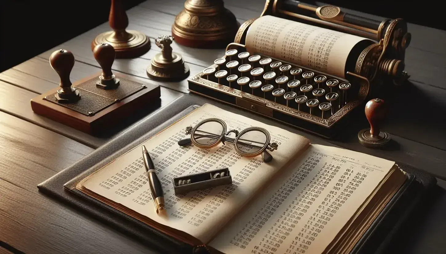Escritorio de madera oscuro con herramientas de contabilidad tradicionales, libro de contabilidad abierto, calculadora antigua, gafas y sello de goma con tinta.