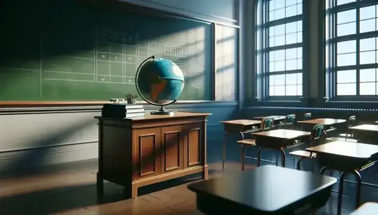 Bright classroom with empty green blackboard, teacher's desk with closed book, colorful globe and tidy wooden desks.