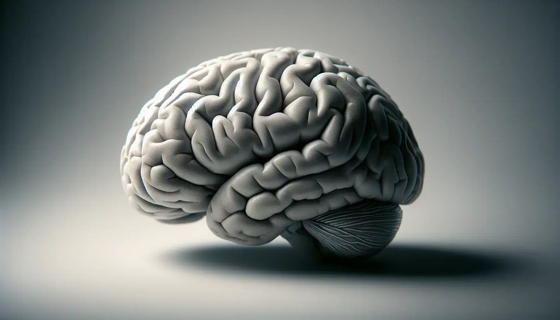 Vista lateral detallada del cerebro humano mostrando surcos y giros contra fondo neutro, destacando lóbulos frontal, parietal, occipital y cerebelo.
