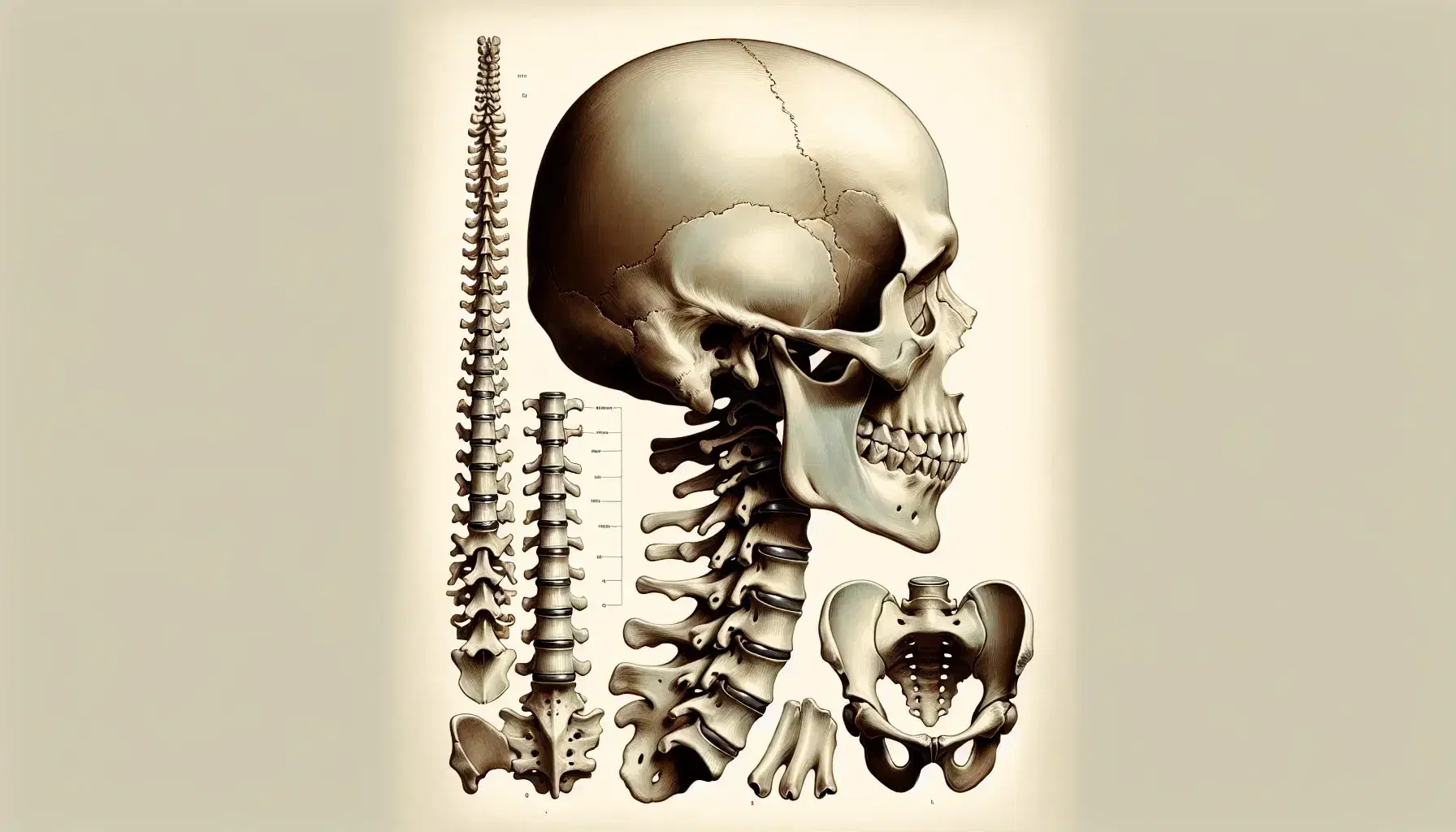 Ricostruzione anatomica delle ossa umane con cranio di profilo, serie di vertebre e scheletro dell'arto inferiore su sfondo neutro.