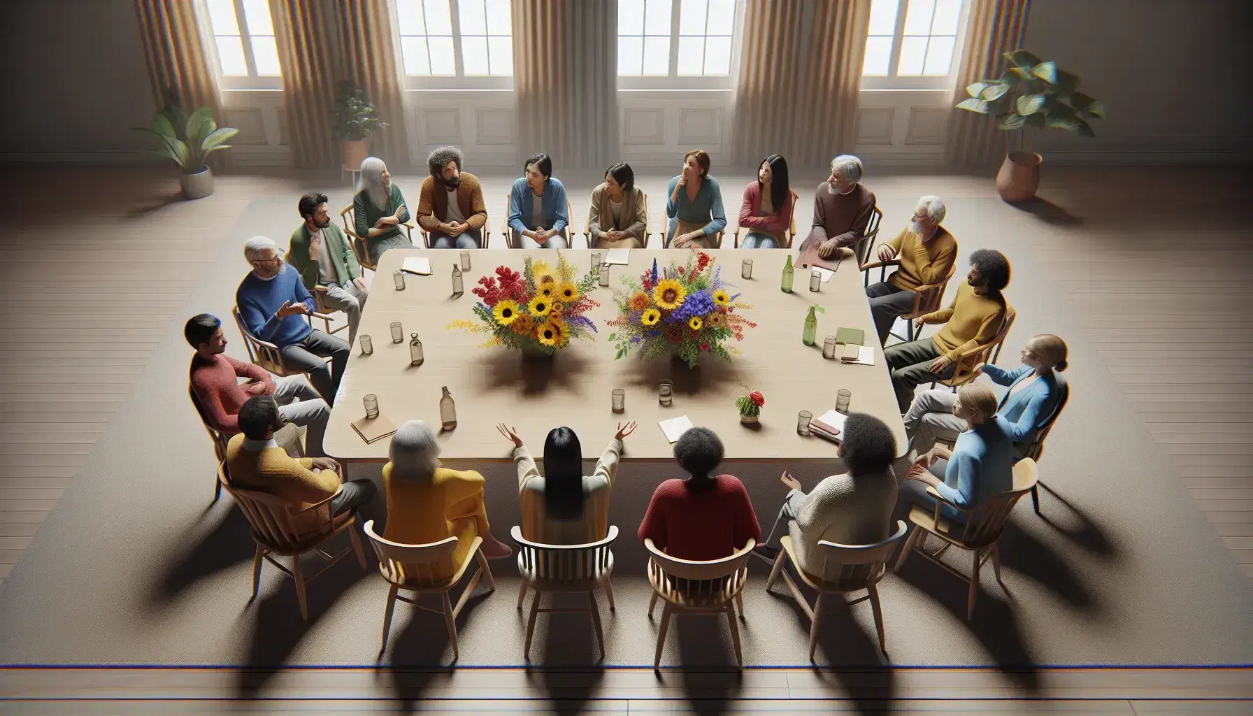 Grupo diverso de personas conversando alrededor de una mesa de madera con arreglo floral, en un ambiente iluminado naturalmente y decorado con plantas.