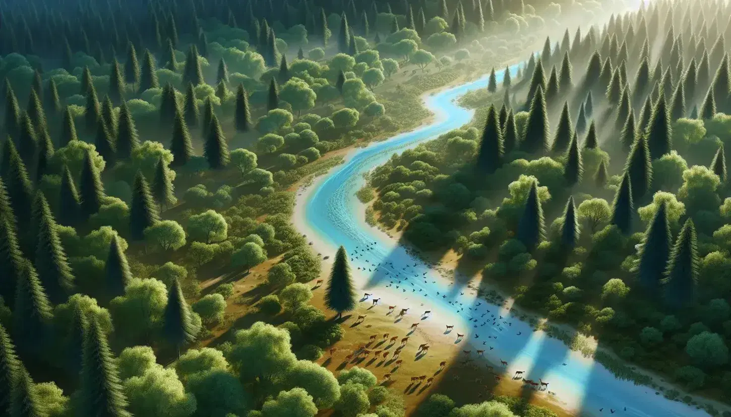 Vista aerea di una foresta con fiume serpeggiante, alberi in varie tonalità di verde, branco di cervi in una radura e uccelli in volo.
