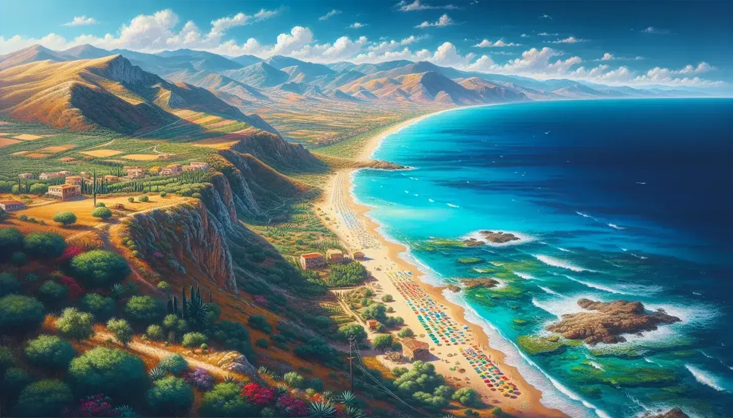 Costa calabrese con mare cristallino, spiaggia sabbiosa con ombrelloni colorati, scogliera rocciosa e colline verdi sotto un cielo azzurro.