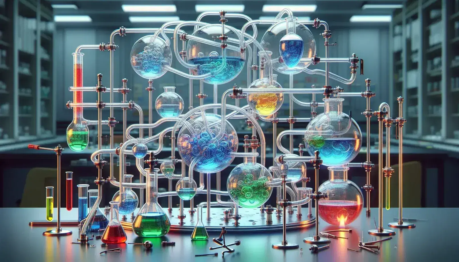 Rete complessa di tubi di vetro in laboratorio con liquidi colorati che fluiscono e si mescolano, attrezzature scientifiche e fiamma di Bunsen.