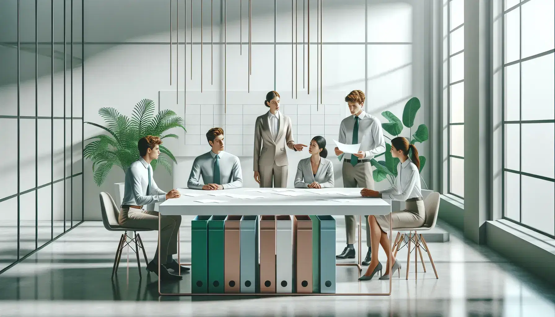 Gruppo di cinque professionisti in ufficio moderno durante una riunione, con documenti e cartelle colorate sul tavolo, in un ambiente luminoso.