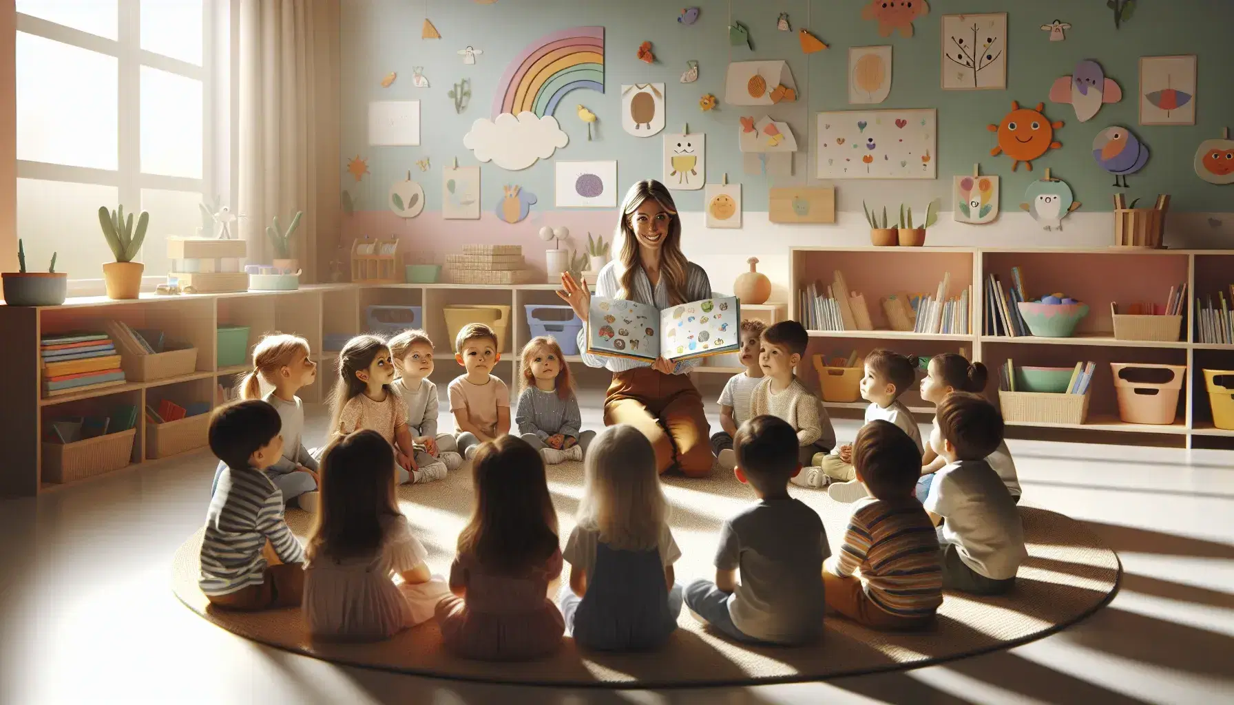 Niños atentos sentados en semicírculo en aula iluminada escuchando a maestra sonriente que muestra libro ilustrado, rodeados de juguetes y dibujos coloridos.