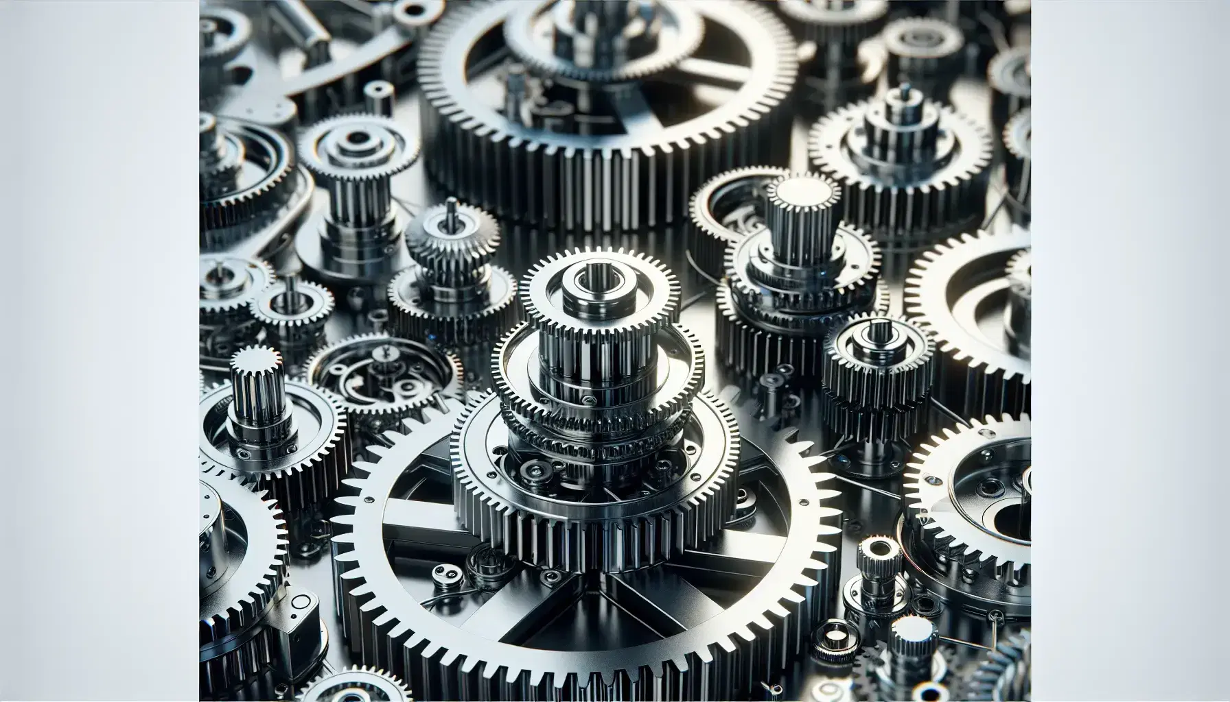 Ingranaggi meccanici metallici interconnessi in un sistema complesso con riflessi di luce, senza segni o simboli.