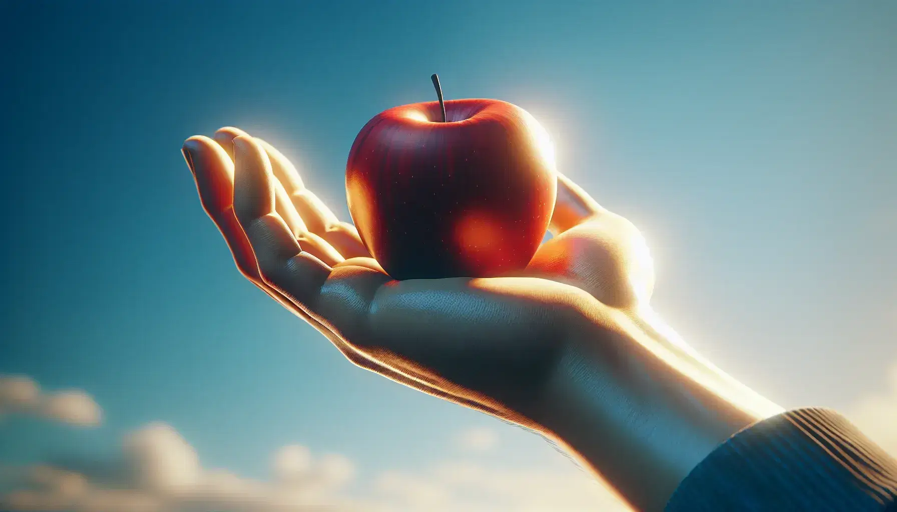 Mano abierta con palma hacia arriba sosteniendo una manzana roja brillante bajo un cielo azul con nubes dispersas.