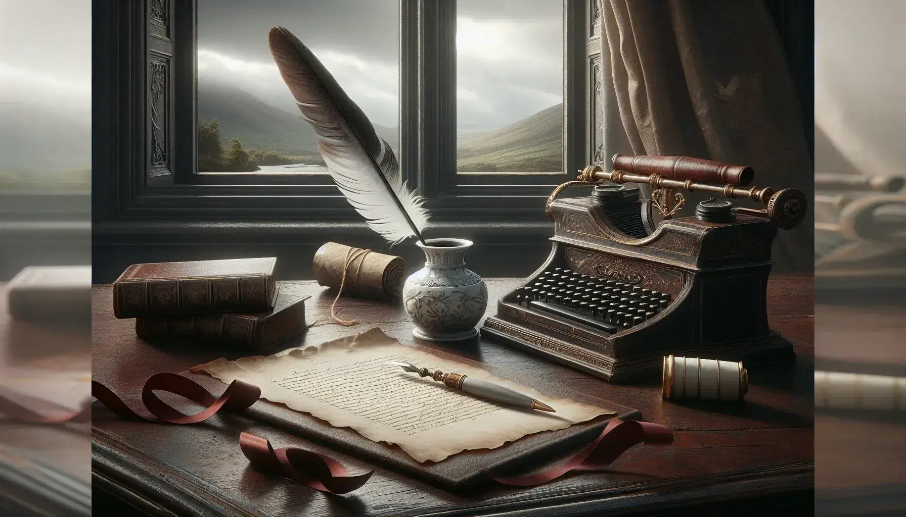 Scrivania antica in legno scuro con calamaio in ceramica bianca, penna d'oca, libro in pelle marrone e pergamena legata da nastro rosso, finestra sullo sfondo.