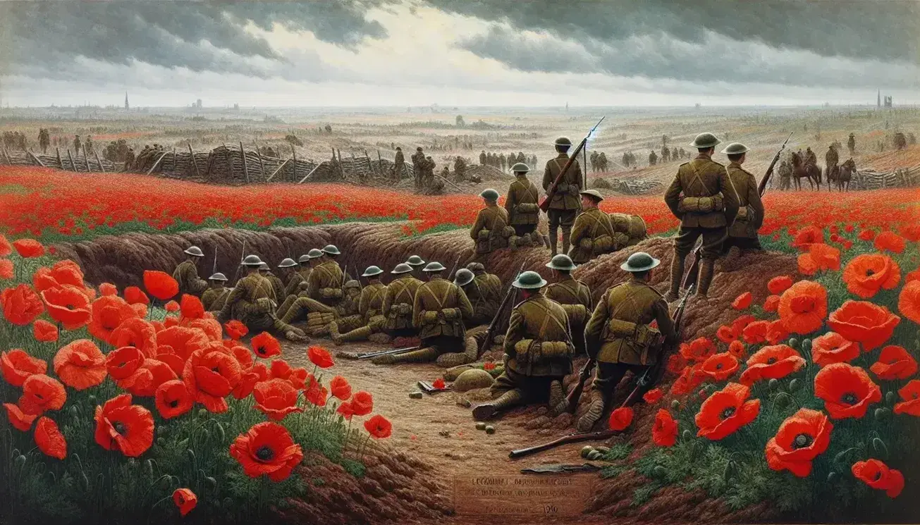 Muddy WWI battlefield with bright red poppies, huddled soldiers in olive uniforms, trench network, and overcast gray sky.