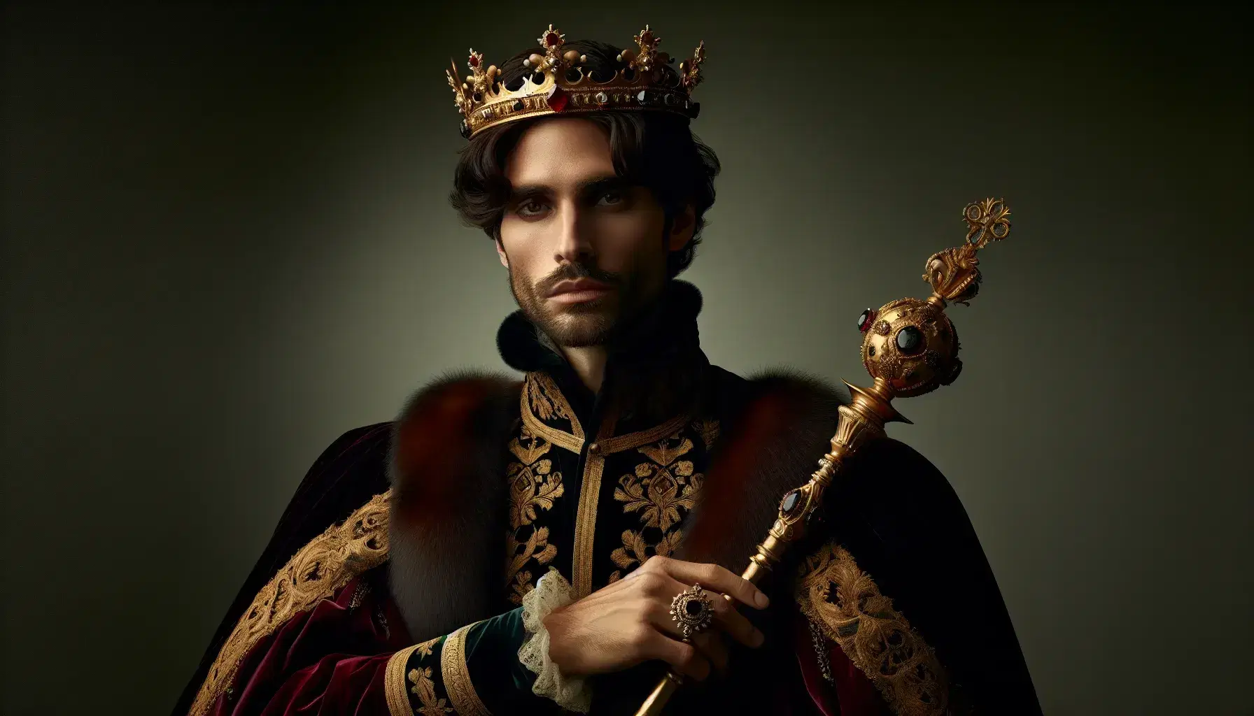 Regal figure in dark velvet doublet with golden embroidery, ermine-trimmed crimson cloak, and jewel-studded crown, holding a scepter and sword, against a dark green backdrop.