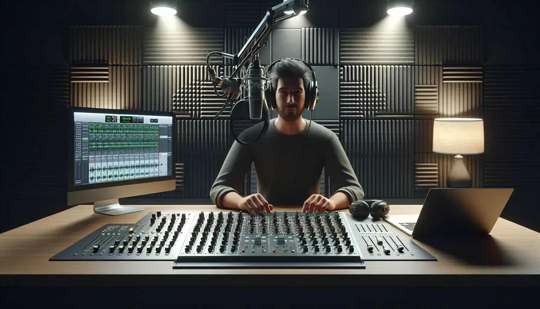 Estudio de grabación moderno con persona enfocada usando auriculares y micrófono profesional, mesa de mezclas y laptop con software de audio, paredes insonorizadas y planta verde.