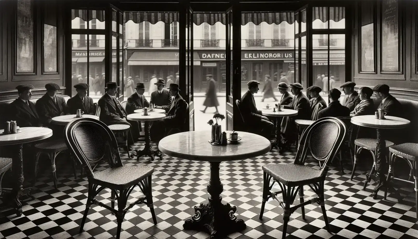 Vintage Parisian café scene with marble-topped table, rattan chairs, checkerboard floor, and patrons in mid-20th-century attire, reflecting a relaxed social setting.
