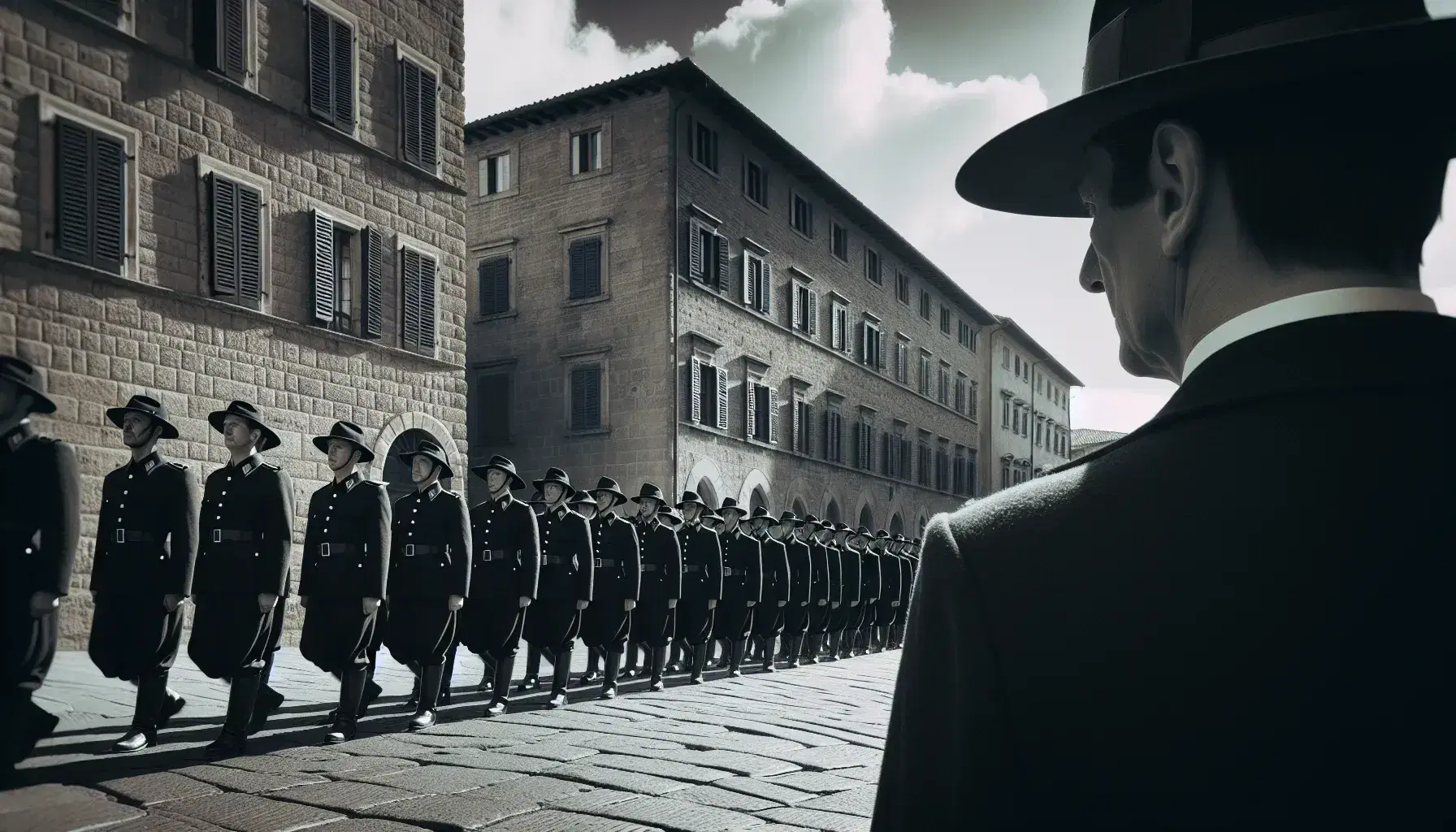 Gruppo di persone in uniforme nera marcia ordinatamente su strada lastricata in città italiana storica, sotto cielo azzurro con ombre nette.