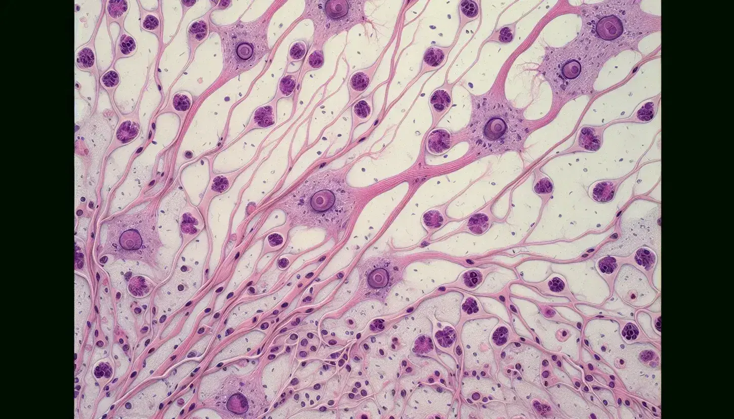 Vista microscópica de tejido nervioso con neuronas de cuerpos irregulares en tonos rosa y púrpura, dendritas, axones entrelazados y células gliales de soporte.