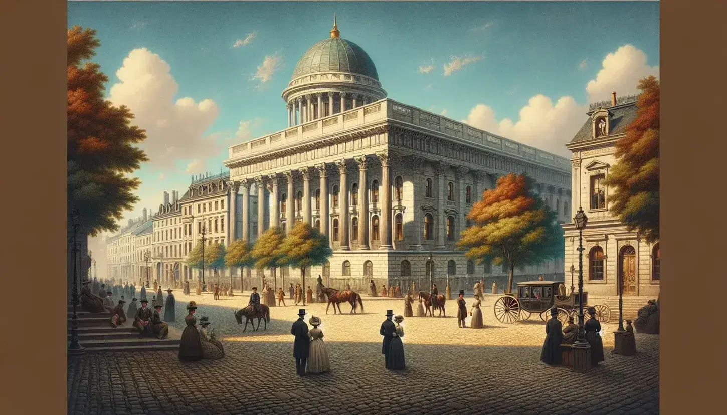 Paisaje urbano antiguo con edificio neoclásico y cúpula, personas en atuendos de época en plaza adoquinada y carruaje tirado por caballos.