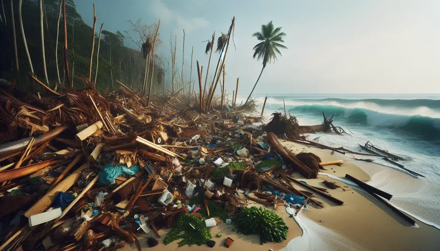 Coast devastated after the retreat of a tsunami wave, with scattered debris, bent palm trees and calm sea under a clear sky.