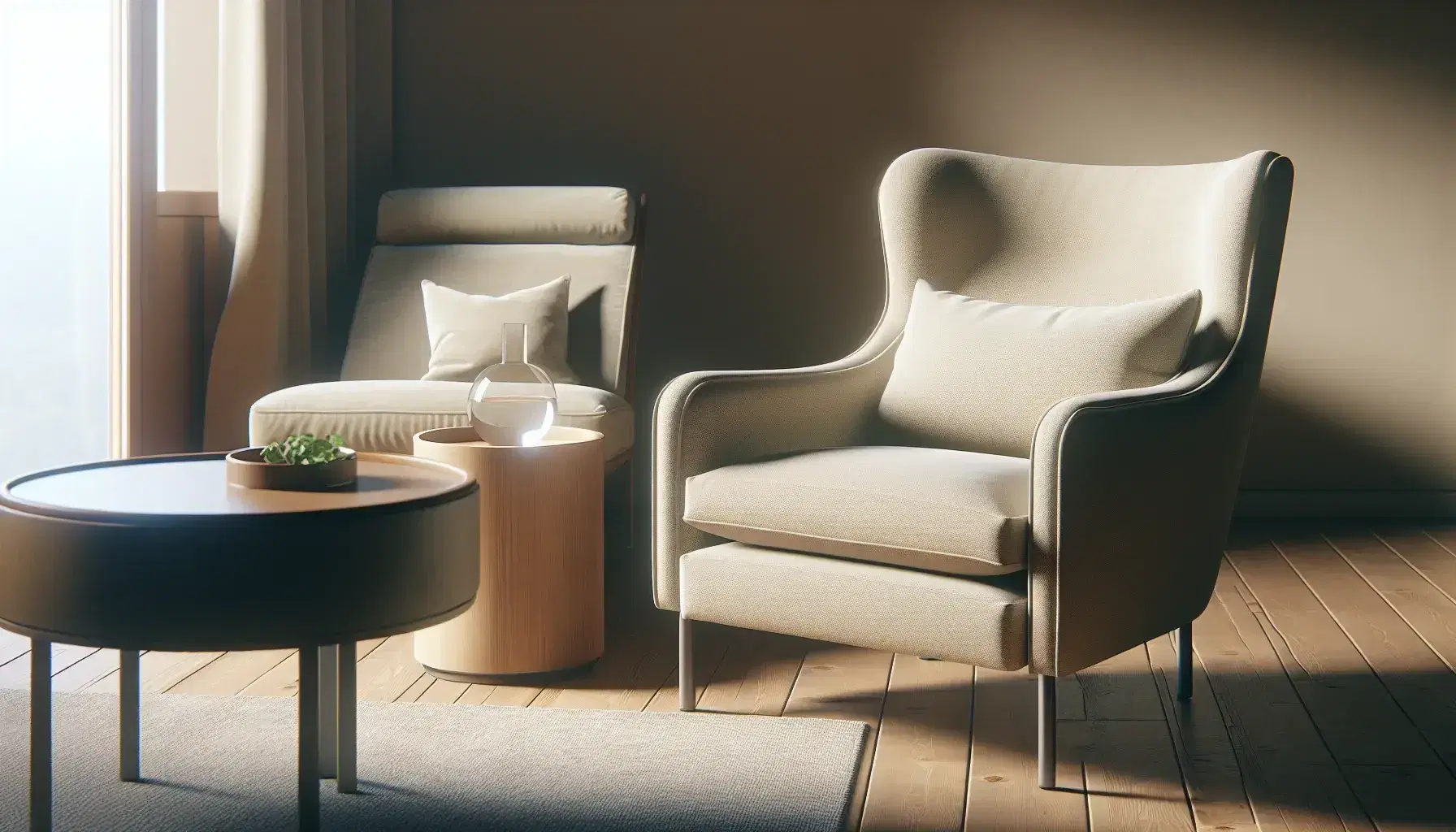 Peaceful environment for therapy sessions with beige armchair, wooden coffee table, vase with green leaves and gray therapist chair.