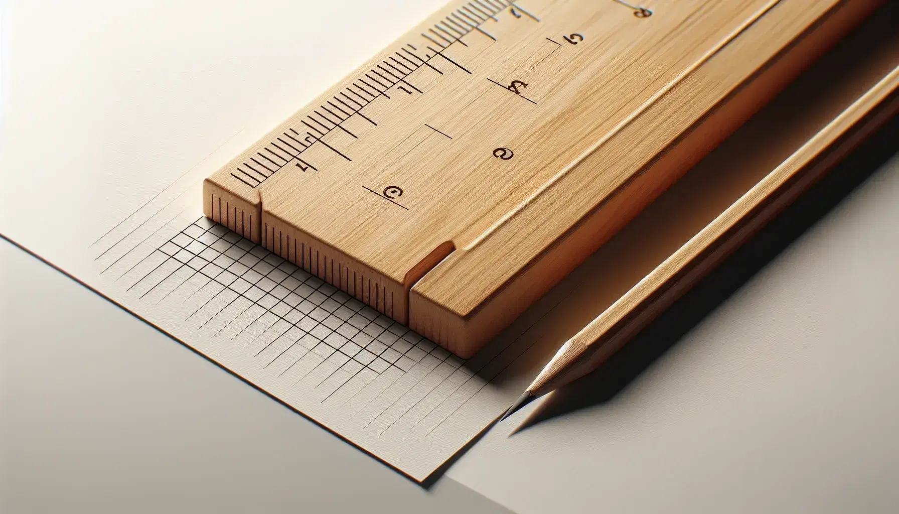 Close-up of a light wooden ruler on a white sheet with pencil marks aligned to the measurement marks, no shadows or text.