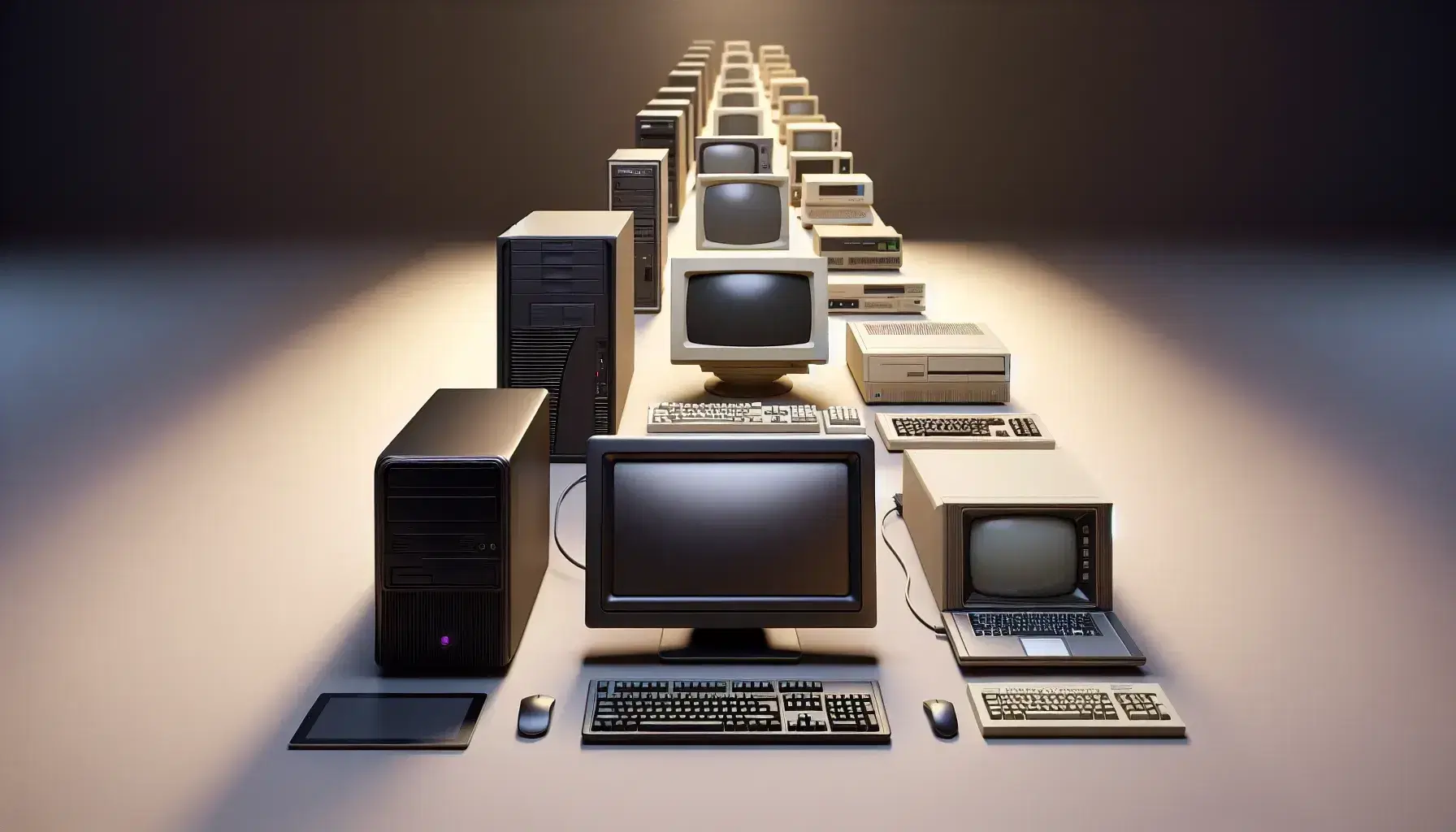 Evolución tecnológica de computadoras en línea, desde un moderno equipo negro hasta un antiguo ordenador metálico, reflejando la historia de la informática.
