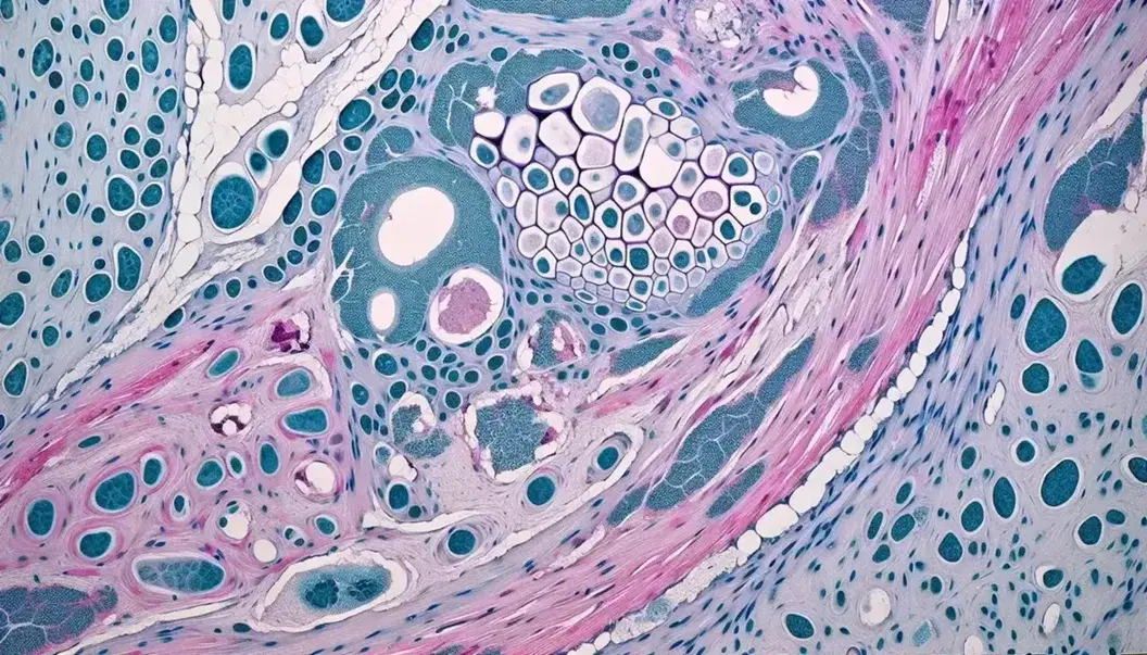Sezione microscopica di tessuto connettivo con cartilagine centrale azzurra, circondata da matrice extracellulare rosa e viola con fibroblasti e macrofagi.