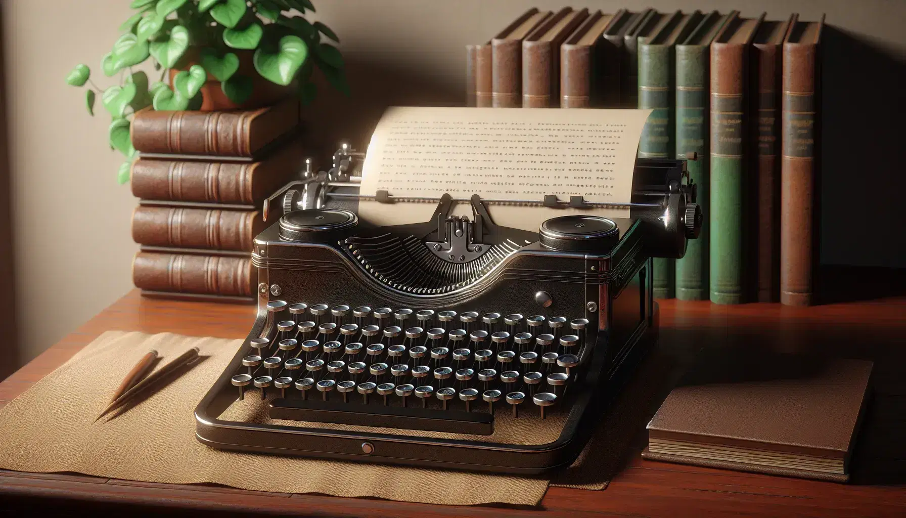 Vintage typewriter with blank paper on a mahogany desk beside a stack of hardcover books and a potted plant, in a softly lit, cozy indoor setting.