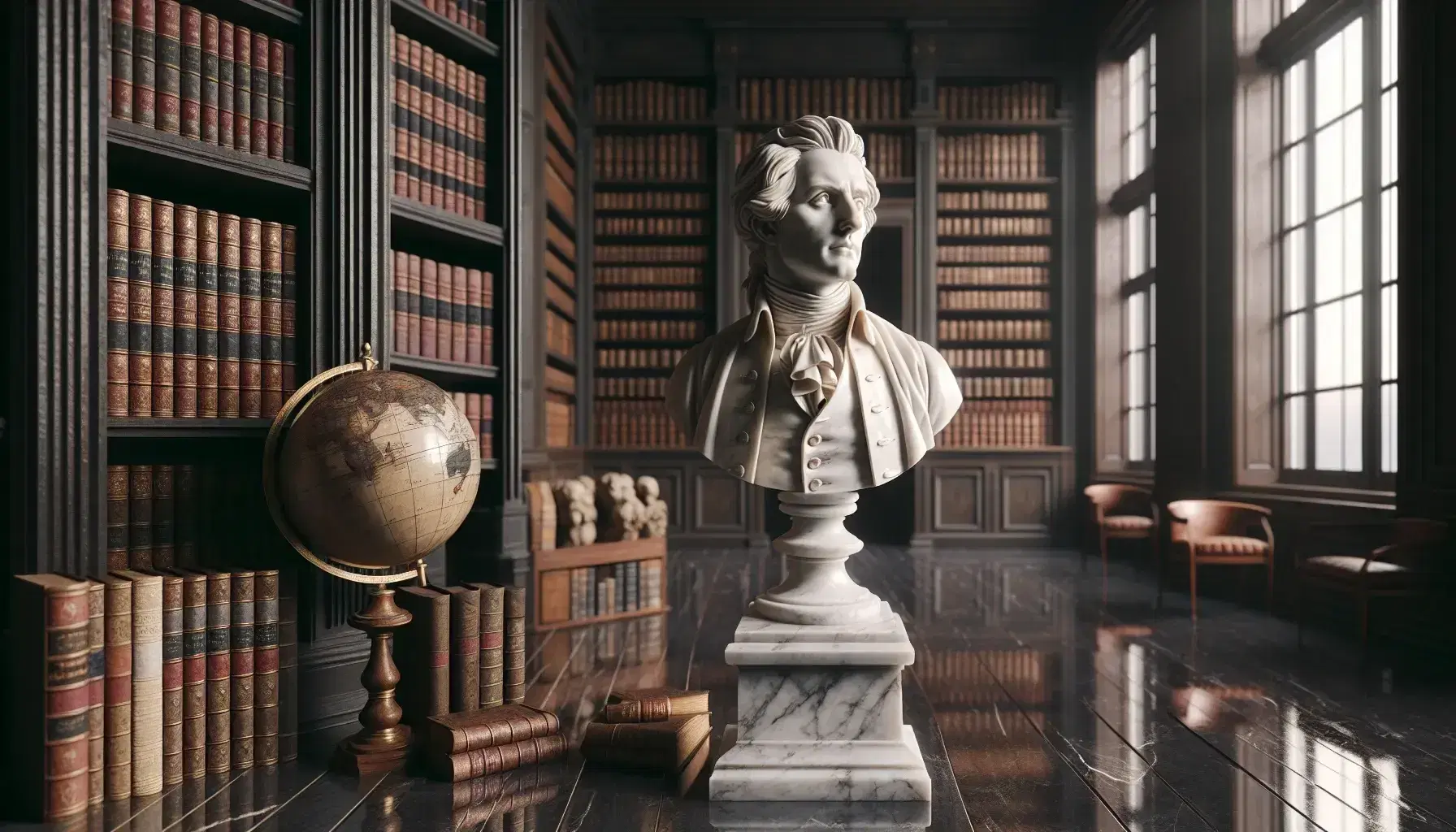 Statua marmorea bianca di filosofo pensieroso su piedistallo grigio, con sfondo di biblioteca antica e globo terrestre.