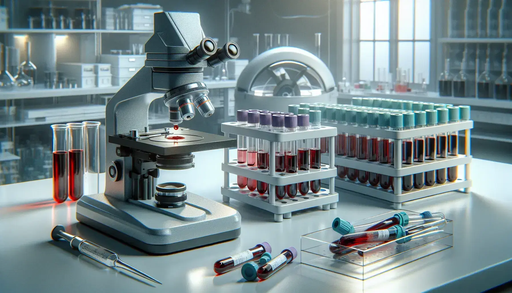 Microscopio elettronico grigio con vetrino e goccia di sangue in laboratorio clinico, provette in rack e centrifuga, guanti in lattice azzurri.