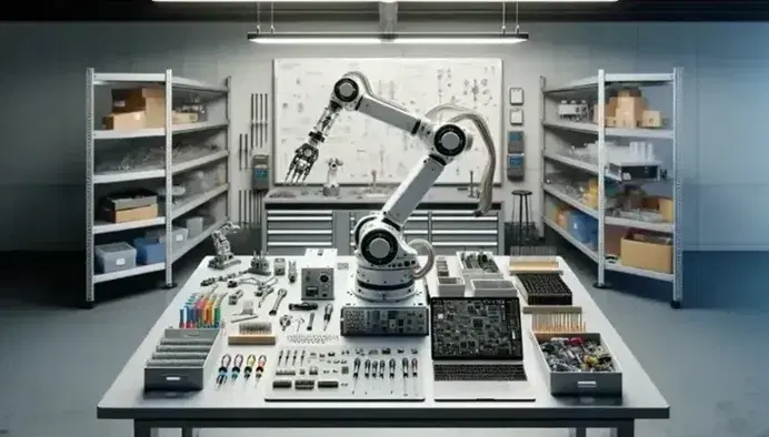 Laboratorio de mecatrónica con brazo robótico articulado y herramientas de precisión sobre una mesa, junto a un portátil y estanterías con componentes electrónicos.