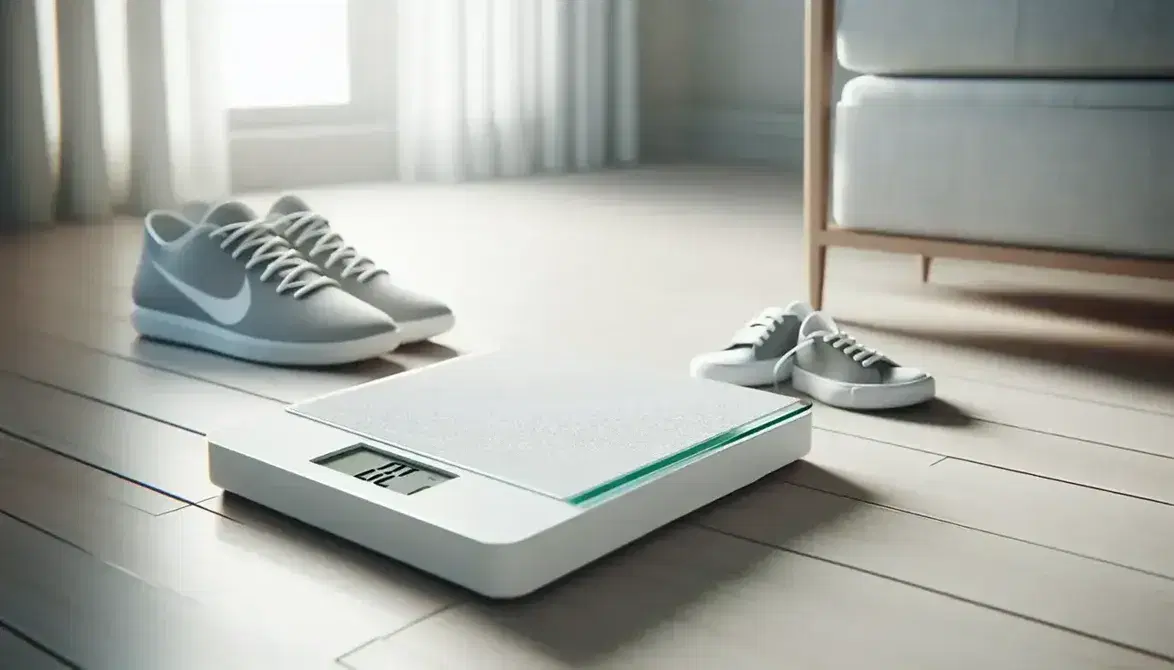 Bilancia digitale bianca su pavimento in legno chiaro con accanto un paio di scarpe da ginnastica grigie, sfondo con finestra e tende bianche.
