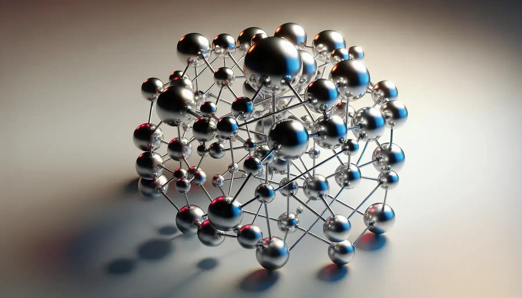 Estructura tridimensional de esferas metálicas plateadas y de colores conectadas por varillas en fondo neutro, reflejando luz y sombras.