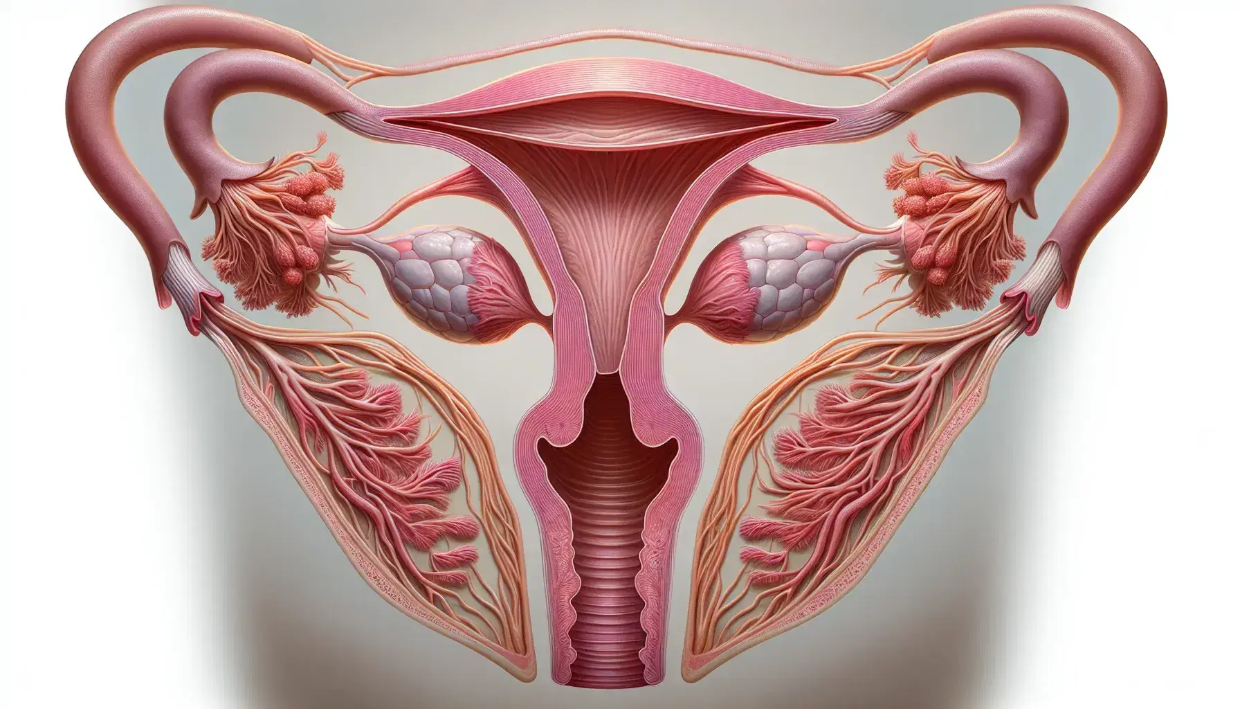 Ilustración detallada del sistema reproductor femenino con útero, trompas de Falopio, fimbrias y vagina en tonos rosados, mostrando una vista frontal de la vulva.
