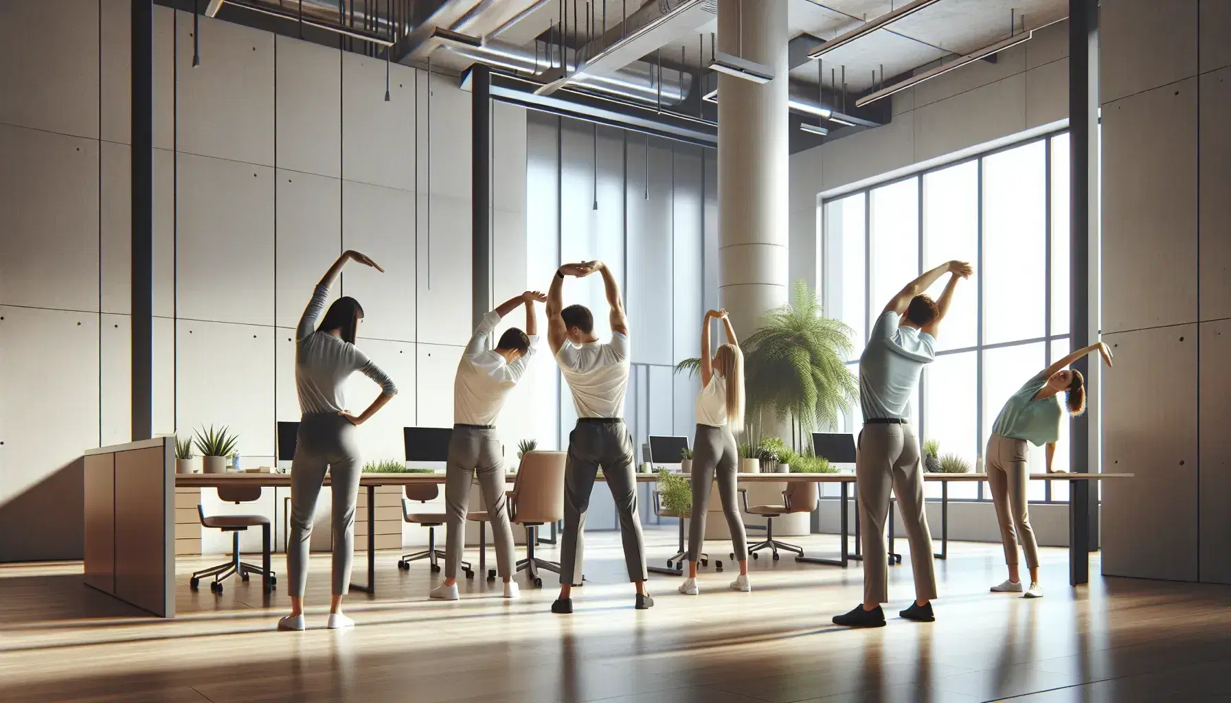 Grupo de cinco profesionales realizando pausa activa con estiramientos en oficina iluminada naturalmente, reflejando un ambiente laboral relajado y saludable.