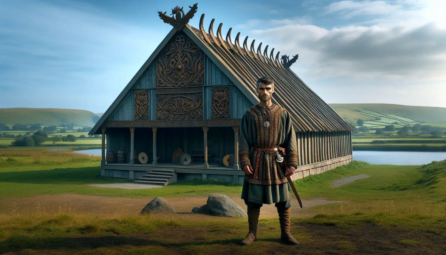Viking longhouse with dragon head carvings under a blue sky, a Hispanic man in period attire with a sword, and a grazing horse nearby.