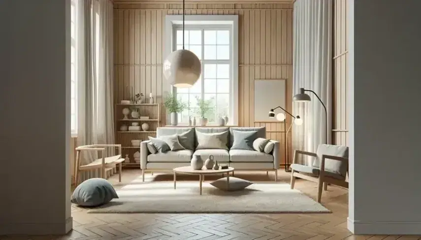 Soggiorno luminoso in stile scandinavo con divano grigio, poltrona classica, tavolino in legno, piante su mensole e lampada a sospensione.
