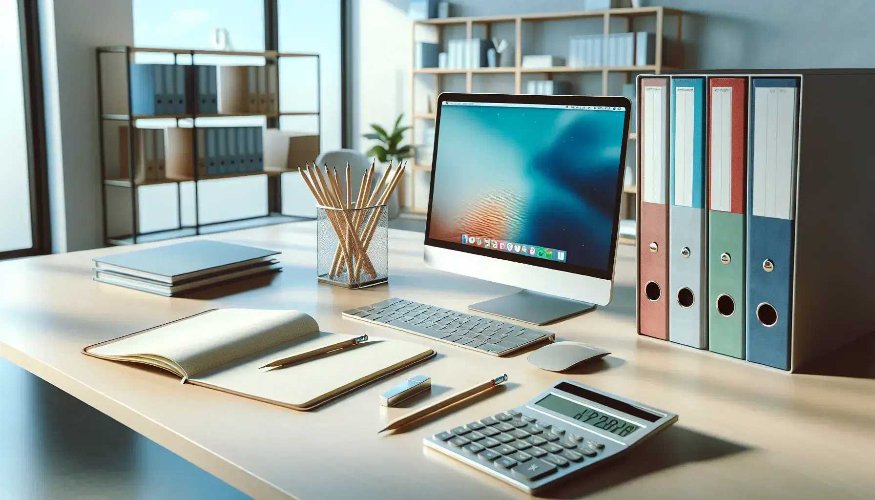 Oficina moderna con escritorio claro, calculadora, lápices, cuaderno y carpetas de colores junto a laptop con fondo azul, reflejo de luz natural.