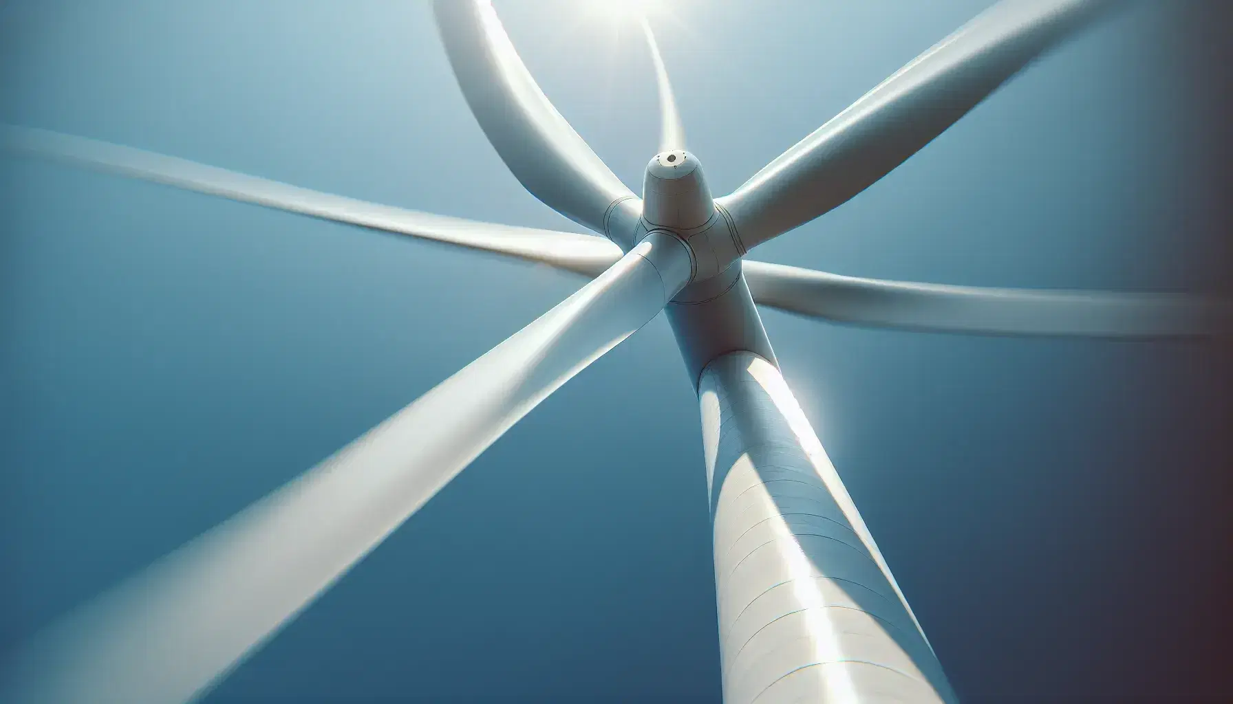 Aerogenerador en funcionamiento con cielo azul de fondo, sus tres aspas girando rápidamente y capturando la energía del viento, reflejando la luz del sol.