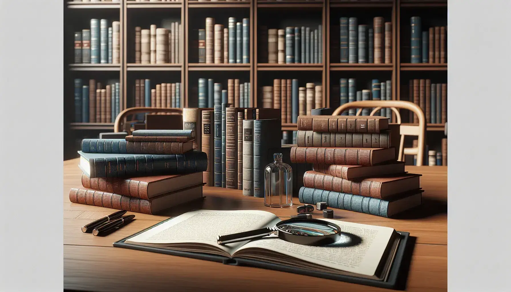 Biblioteca con estantes de madera oscuros llenos de libros, mesa con libros abiertos, lupa y cuaderno, silla al fondo y luz natural.