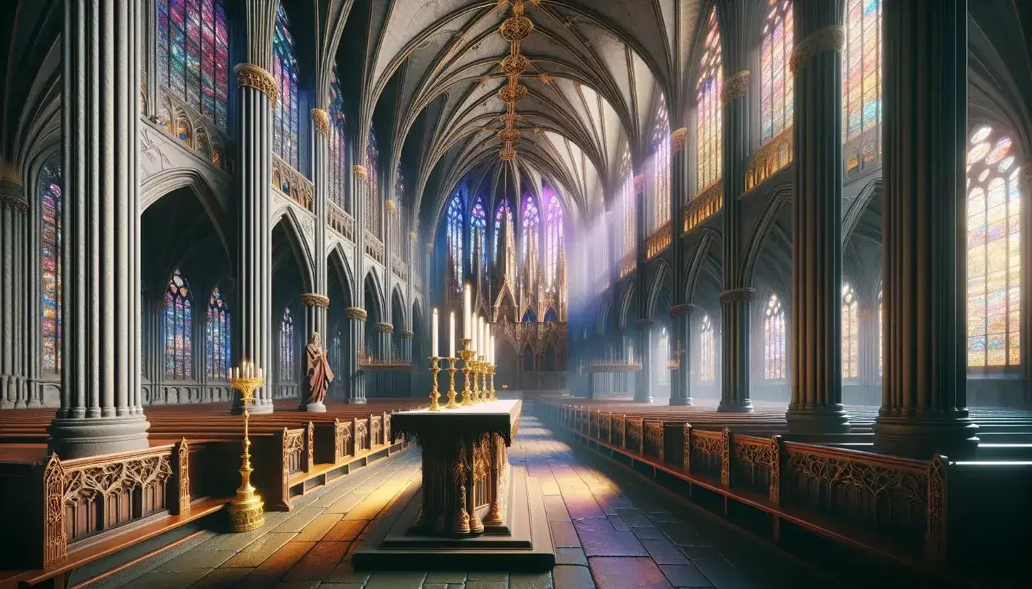 Gothic cathedral interior with pointed arches, ribbed vaults, stained glass windows casting colorful light on stone floors, and an ornate altar.