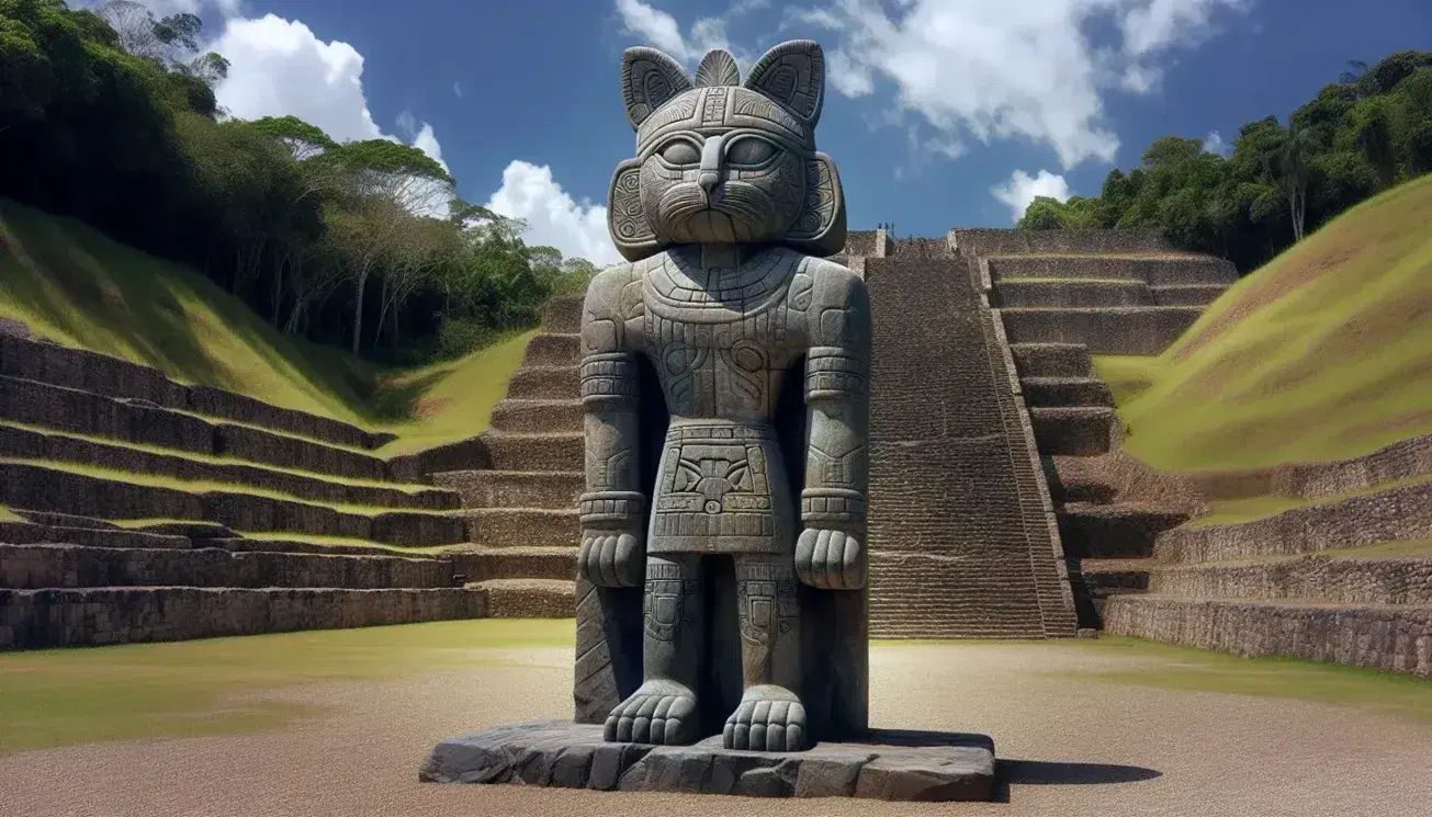 Estatua de piedra con rasgos felinos y atuendo ceremonial ante pirámide escalonada con vegetación y cielo azul.
