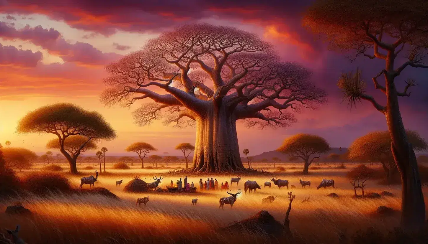 Serene African savannah at sunset with a baobab tree, people by a fire in traditional Nigerian attire, and cattle grazing under a colorful sky.