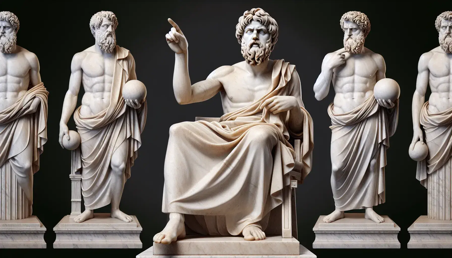 Estatuas de mármol de Sócrates sentado con túnica, Platón de pie señalando al cielo y Aristóteles con pergamino, simbolizando la filosofía clásica.