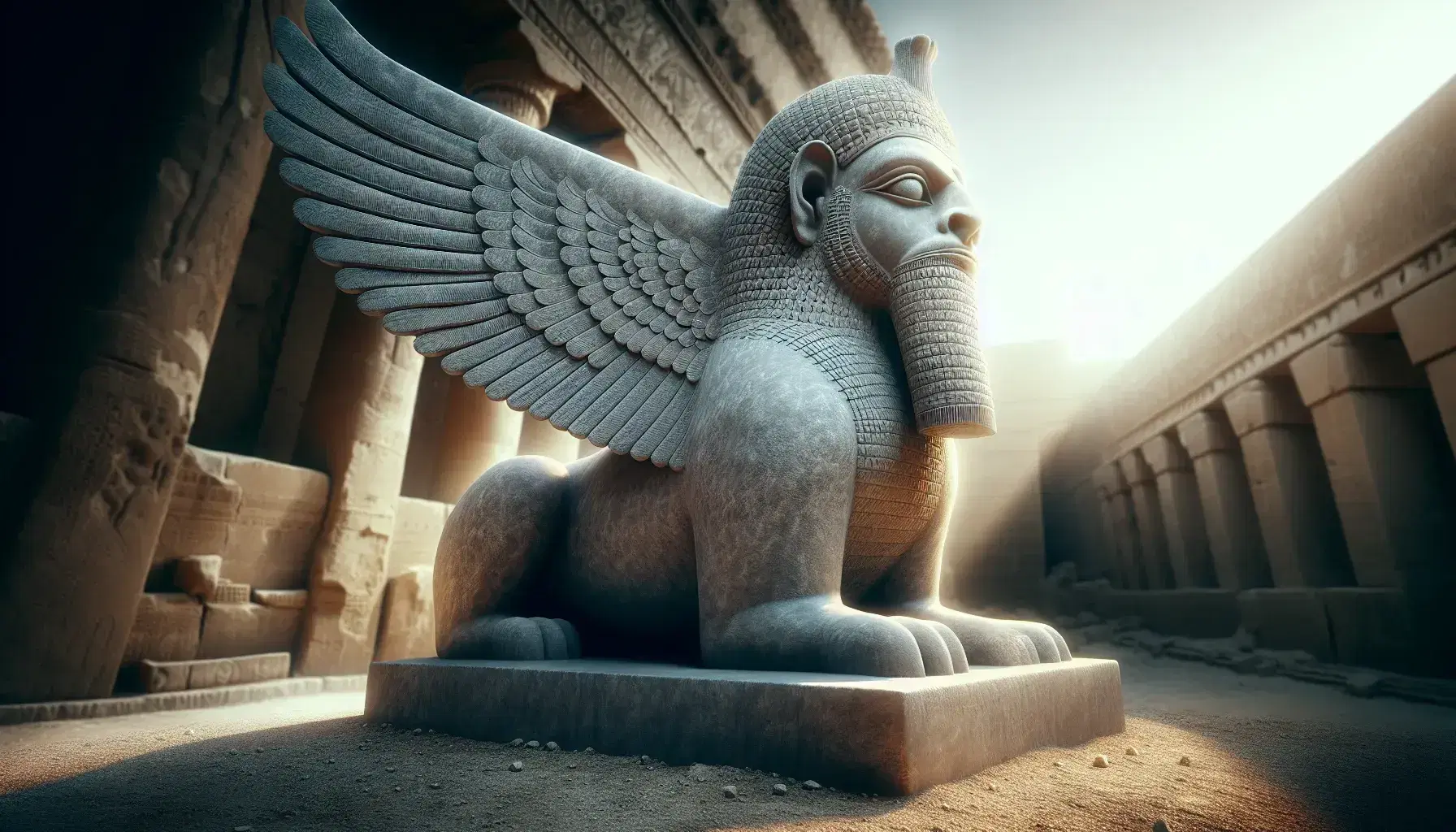 Statua di Lamassu assiro in pietra con corpo di toro, ali e volto umano, illuminata dal sole in sito archeologico sfocato.